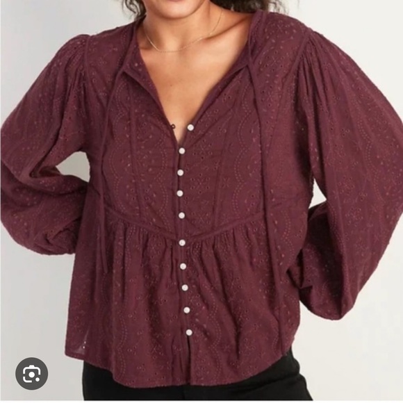 Old Navy Tops - Old Navy burgundy eyelet long sleeve blouse